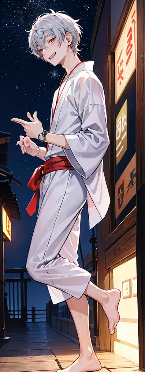 High resolution, High resolution,2D Anime Style,,Cool guy,Mature,,20th generation,short hair,Silver Hair,Red eyes,Beautiful Watches,Beautiful earrings,Beautiful Necklace,Cool Yukata,He is laughing a little,night,Standing with your legs apart,festival