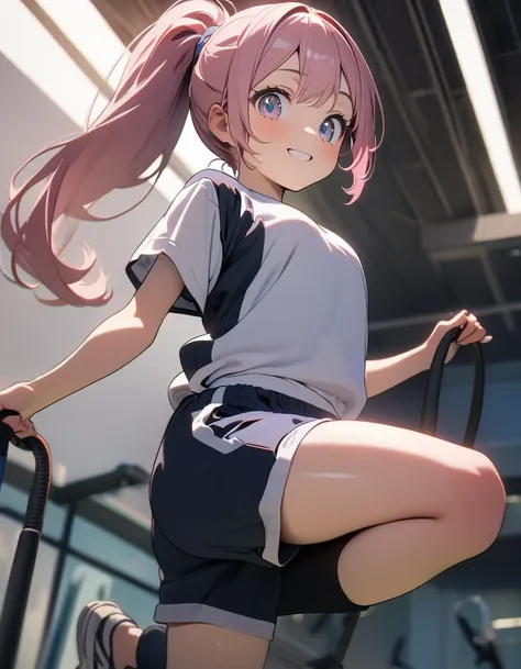 (8K, best quality, master piece: 1.2), super high resolution,1 cute girl,solo,15yo,ultra-detailed face,detailed eyes,smile,Jumping,(holding a jump rope),school gym clothes,shorts,high ponytail,Smoky pink hair,look at viewer,rim light,indoors Fitness center