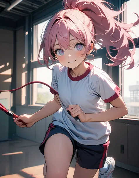 (8K, best quality, master piece: 1.2), super high resolution,1 cute girl,solo,15yo,ultra-detailed face,detailed eyes,smile,Jumping,(holding a jump rope),school gym clothes,shorts,high ponytail,Smoky pink hair,look at viewer,rim light,indoors Fitness center