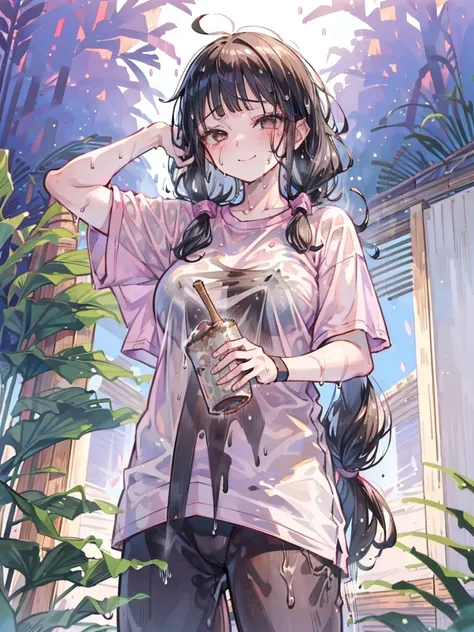 1girl, from below, smile, pretty, black hair, cowboy shot, (buruma:1.8), (Pink T-shirt), Bamboo leaf, Tanabata, milky way, Strip, (Blunt bangs:1.4), (VEGA), (Sweaty:1.6), (Wet Hair:1.4)