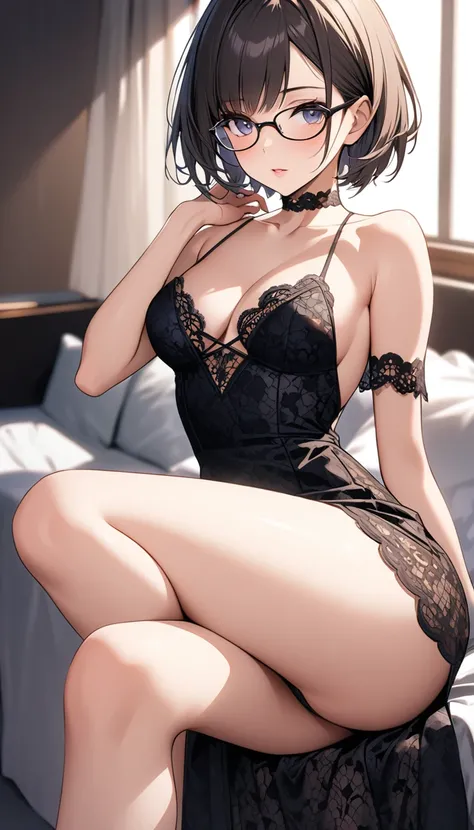 Highly edited photos of sexy lace dresses、Glasses、short hair 