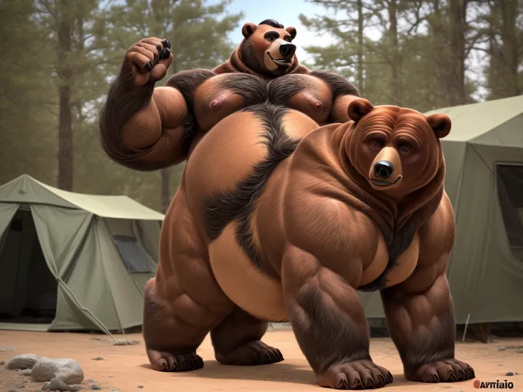 furry, fur taur, beartaur, middle-aged, 1man,  solo, hairy, arm_hair, leg_hair, short_hair, old, old_man, pectorals, large_pectorals, detailed face, bear ears, bear eyes(brown), bear nose(black), bear mouth, garibaldi beard(grey), mature hair(grey), detail...