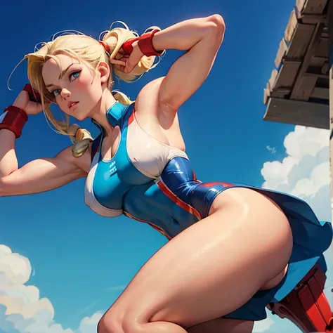 Cammy white, street fighter, sexy, blond, long hair, perfect body, thick legs, standing, red Brett, blue detailed swim suit, blue dress, solo, highly detailed, 