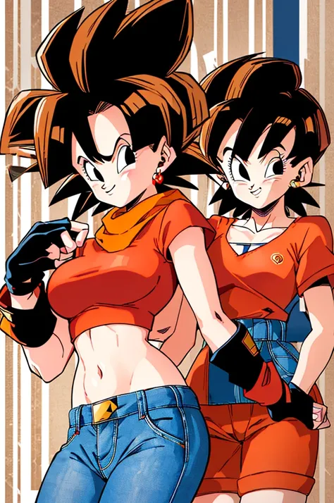 ((Masterpiece,Best Quality)),pan, dragonball, absurdities,
1 girl, black eyes, black fur, short hair, orange scarf, jeans, black fingerless gloves, Red shirt, crop top, 
Alone, smiling, looking at the viewer, cowboy shot,