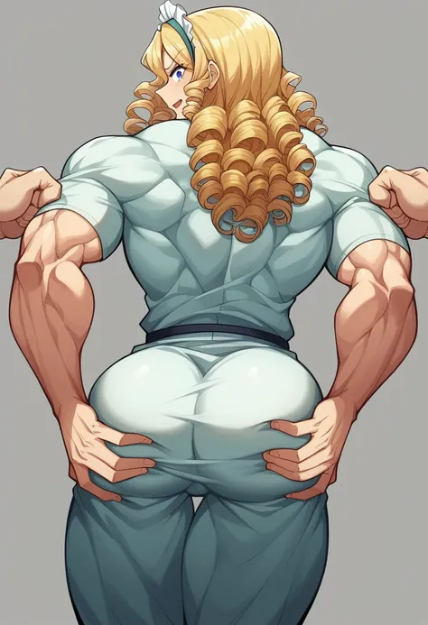 Very detailed、Highest quality、Best image quality、masterpiece、8K、Anime Face、A kind smile、Open your mouth、Sparkling Blue Eyes、(Long blonde curly hair:1.4)、Wearing a maids headband、(SFW Huge Body:1.3)、(((Rear View)))、Cowboy Shot、(Wear laces:1.5)、(Muscles of t...