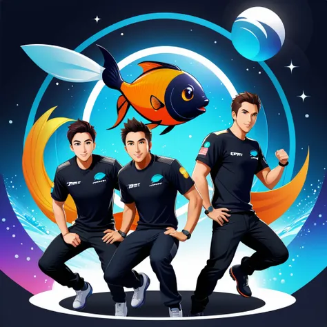 trader , forex , group shot, space fish team, action pose, t-shirt design, anime style, cartoon, logo, vector graphic, simple and smooth, no background, circle outline
