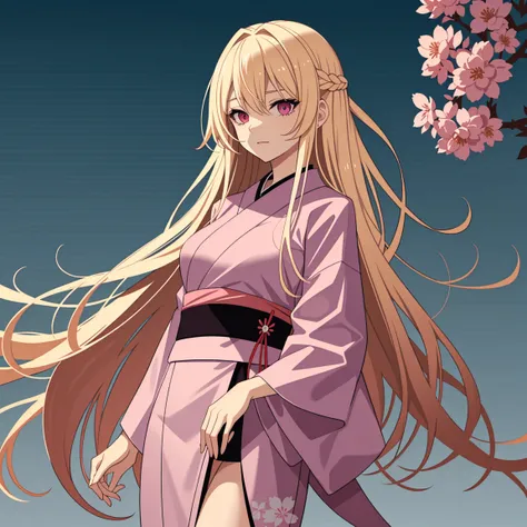 adult woman, pink eyes, long blonde hair, sexy short kimono