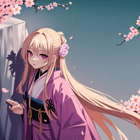 adult woman, pink eyes, long blonde hair, sexy short kimono