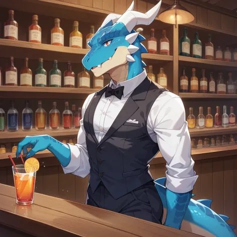 （young lizardman、bar master、standing behind the counter、special cocktails、it is shining now）blue body、tuxedo suit、smile、toned bo...