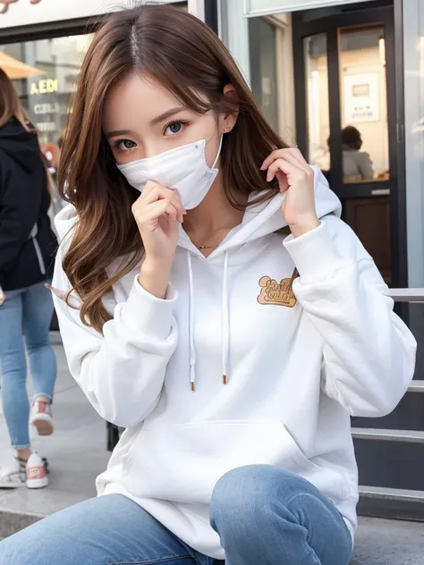 Bright cafe,Cover your face completely with your hands,20 generation beauty,semi-long,Brown Hair,White hoodie,jeans,cute