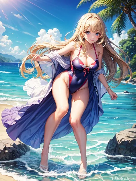 Highest quality,Highest Resolution,Smiling beauty in super high leg swimsuit,Swimming in the sea,Seaside,beach,sunny,whole body,up,Very beautiful eyes,