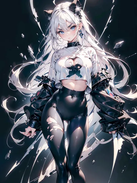 (White Hair Girl), (Thick, dark blue eyebrows:1.4), (Dark blue eyebrows:1.7), (Thick eyebrows:1.3), (Huge black fluffy animal ears:1.1), (Black animal ears:1.1), BREAK, (((Mesh Stitching Crop T-Shirt, Cutout Long Sleeve Top))),BREAK, (Big Breasts:1.2, Thic...