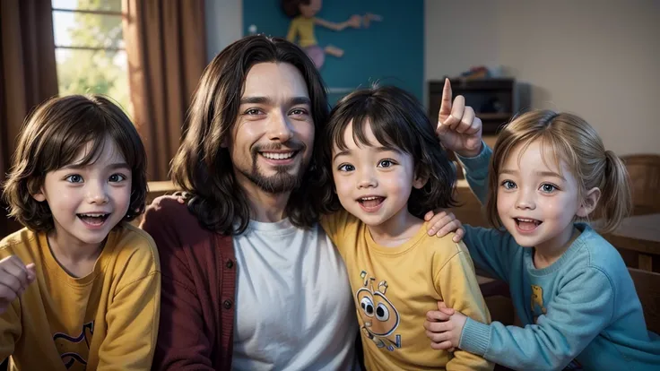 3d pixar style image, Jesus smiling with children around him