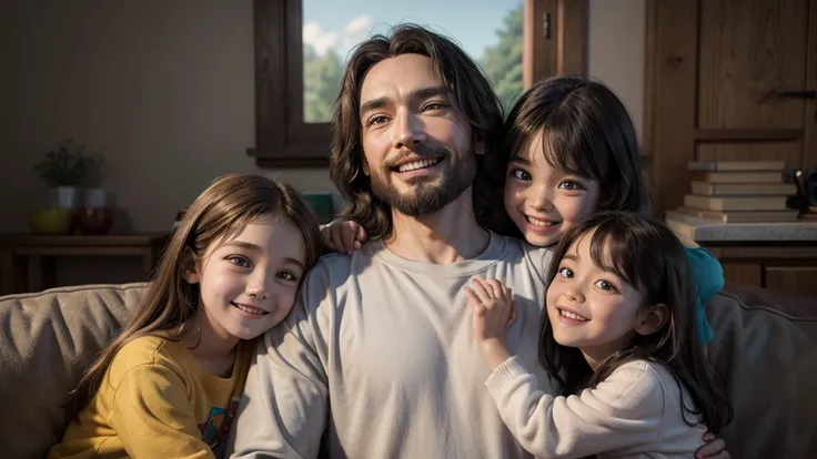 3d pixar style image, Jesus smiling with children around him