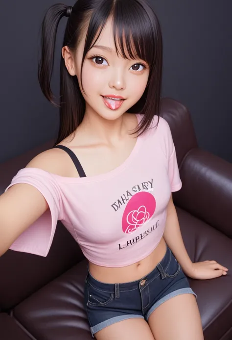 ollarbone,pink t-shirt,off-shoulder look,bare shoulder,midriff peek,micro shorts,open mouth,tongue out,cum on tongue,Black sofa,sit,Selfie,looking ahead,from above,flont view,cowboy shot,(1girl,Beautiful 14 year old girl),((Slender,Small breasts,Small face...