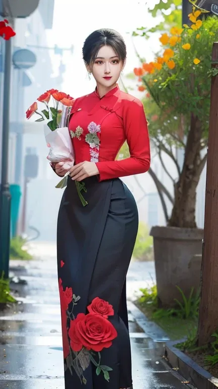 a beautiful girl in vintage colors aodai , masterpiece, best quality, realistic:1.3, street, holding bundle of flowers, red+black dress, sunlight, backlighting, artstation, intricate details, vignettThe owner of an attractive body outline and high hips3d 4...