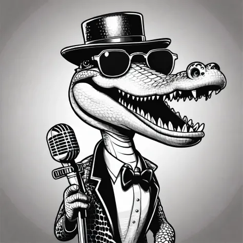 
Cartoon style 
crocodile sings a song into a microphone. 
he wears sunglasses.
monochrome
The microphone is a large retro one and a stand type
Put on your sunglasses
Small top hat