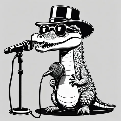 
Cartoon style 
crocodile sings a song into a microphone. 
he wears sunglasses.
monochrome
The microphone is a large retro one and a stand type
Put on your sunglasses
Small top hat