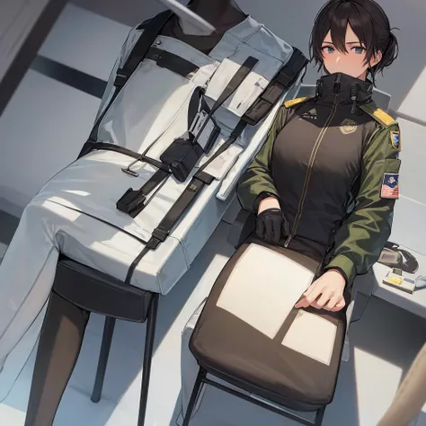 A male jet fighter pilot in his jet fighter pilot suit got capture, binding to a chair by a thicc rope, covering his mouth ,the pilot is pass out