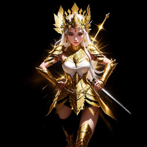 arafed woman in a thai costume holding a sword, sukhothai costume, gold armour and crown, wearing gold armor, black emma watson as egyptian, wearing golden armor, heavy white and golden armor, ancient libu princess, ornate white and gold armour, apsaras wa...