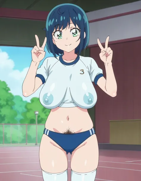 score_9, score_8_up, score_7_up, score_6_up, score_5_up, score_4_up, BREAK, source_anime, anime screencap, anime coloring, 1girl, solo, perfect anatomy, Fuwa Kokone, blue hair, medium hair, green eyes, lite smile, looking at viewer, navel, (skintight, very...