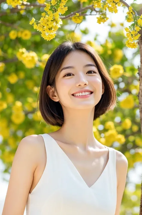 host face, sexy face, high quality, super realistic, healthy, smiling expression, perfect slender figure, Japanese beauty, perfect eyes, shining beautiful skin, upper part of the body, the background is yellow flowers, male, white dress shirt