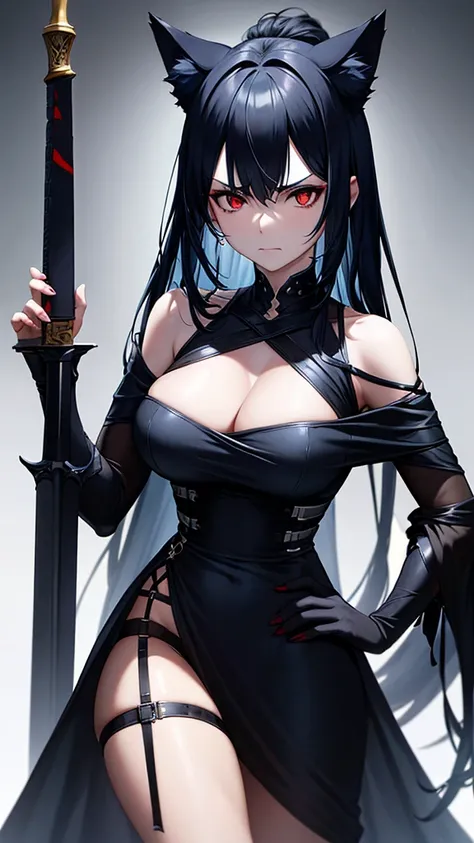 An adult woman, half wolf, black and blue hair, black ears, red eyes, wearing a black and blue dress, with an angry but gentle face, wide breasts, holding a sword