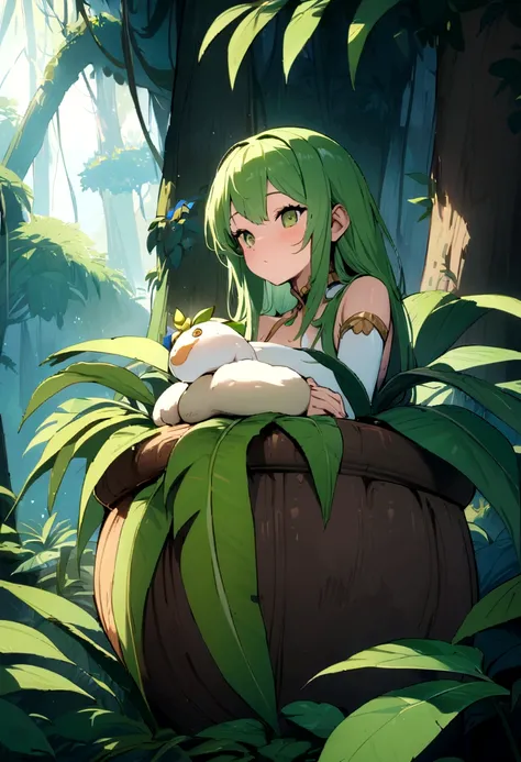 (masterpiece, best quality), anthropomorphic tuberous plants girl, beautiful, resting on a flower pot, roaming the magical rainforest, lush vegetations, natural lighting