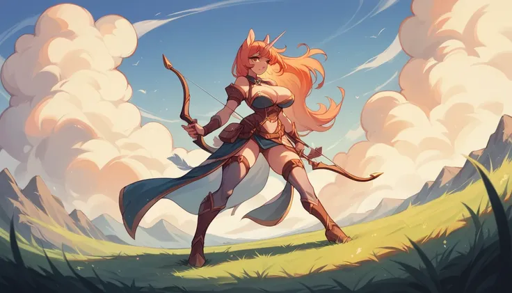 a hot big breasted unicorn girl shining by sun shine standing on the grass holding an arrow