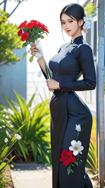 a beautiful girl in vintage colors aodai , masterpiece, best quality, realistic:1.3, street, holding bundle of flowers, red+black dress, sunlight, backlighting, artstation, intricate details, vignettThe owner of an attractive body outline and high hips3d 4...