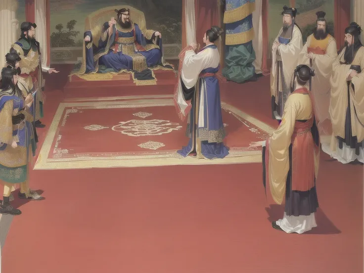 Many people stood around a large area covered with a large carpet, Confucius and Trial by Jury, Emperor Xuande, Nguyen Chia and Arthur Rackham, Grant him a title of nobility, Opening, court, Celebrating the King&#39;s Coronation, Museum ink painting, Song徽...