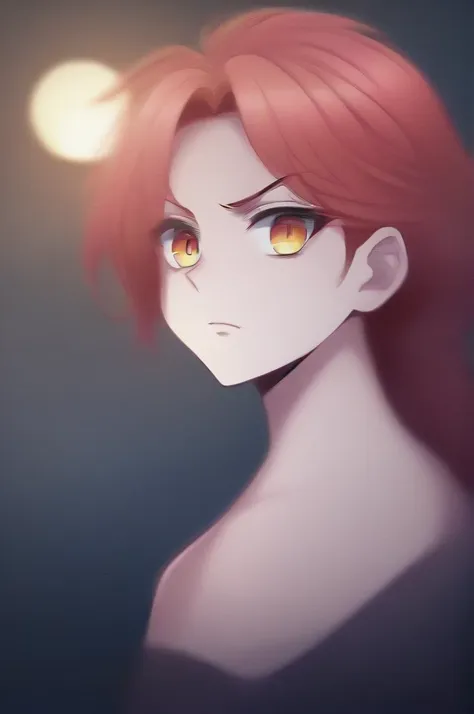 a pale hashira with medium red hair, with colorful eyes and a moon haori, with a serious expression