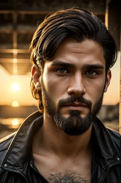 Young guy, dark hair, short mullet haircut, closer look, beard shaved, apocalyptic clothes, scar on his eye, round face, brown eyes, sun set of his face