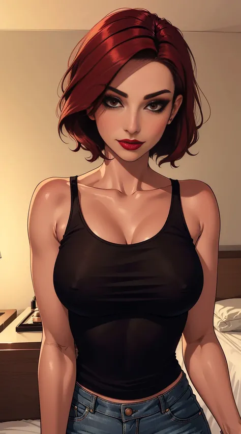 woman 30 years old, bob cut red hair, (The best quality, Masterpiece: 1.1), (fidelity: 1.4), (SFW: 1.5),(hotel bedroom, with tableright lip gloss, red lipstick, many eyelashes, dark black eyeshadow), lascivious look, lascivious smile, Ruboroso, high qualit...