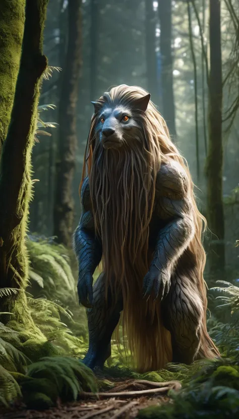 Panoramic front view，There is a creature in the forest，Human-like appearance，Full of long hair（best quality，4K，8K，High level，masterpiece：1.2），Ultra Detailed，（lifelike，Photo real，Photo real：1.37），Highly detailed animals，Complex patterns，Realistic lighting，F...