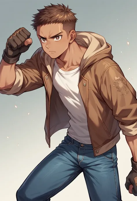  Human Male Young adult, clear  skin , Brown fade haircut, Dark pupils, wearing hoodie,wearing Pants , wearing Denim Jacket , wearing fighting gloves , manga Style ,solo