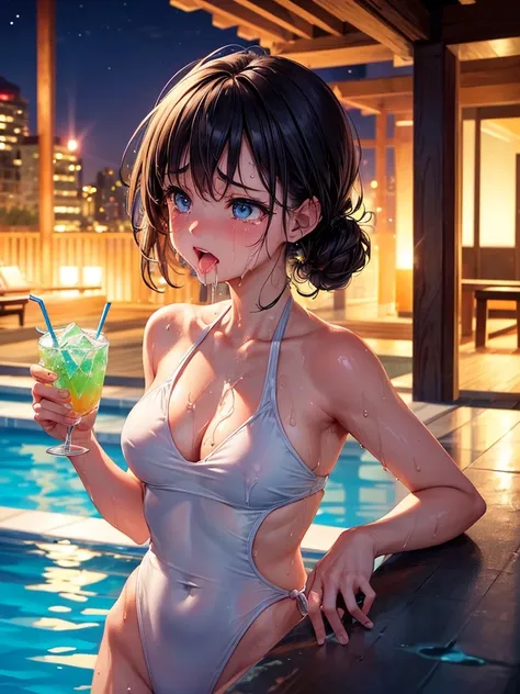 Highest quality,Highest Resolution,A crying beauty in a super high-cut swimsuit,Night Pool,Night view,whole body,up,Very beautiful eyes,(((Drink a drink))),(((Open your mouth and drool))),(((Sweat profusely)))Tears,Ｔback,