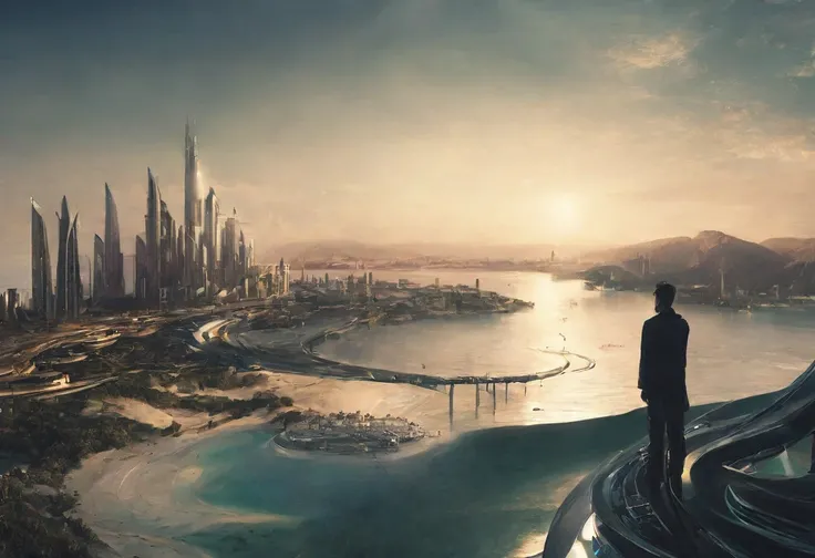 man overlooking a futuristic sci-fi city following the long curve of a sandy bay with futuristic piers stretching out into the water
