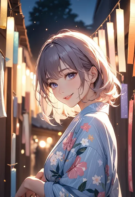 (masterpiece:1.5),(Beat quality),(high res),1girl solo,beautiful face,smile(shining eyes),upper body,light effects,Woman in yukata,Tanabata