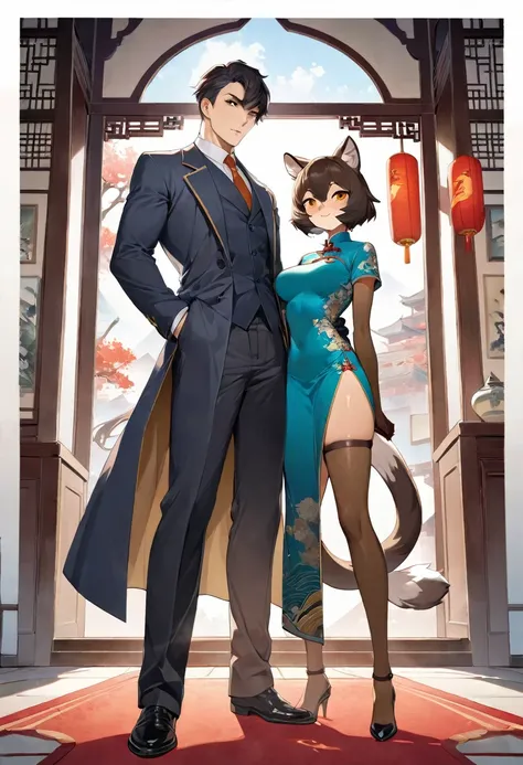 movie poster, highres, top quality, best quality, paid reward available, unparalleled masterpiece, perfect artwork, absurdres, High-quality illustrations, super high resolution, detailed background, perfect anatomy(young male detective and a woman in Chine...