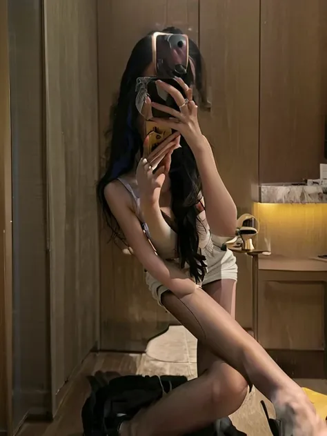 Selfie photos，Mobile phone mirror selfie，indoor，Inside the room，A beautiful beautiful Asian woman，Standing:1.2，Realistic fair skin color，156 cm，46KG,34C cupz Her mid-length hair is loose and lazy around her shoulders，Wearing a close-fitting white low-cut s...