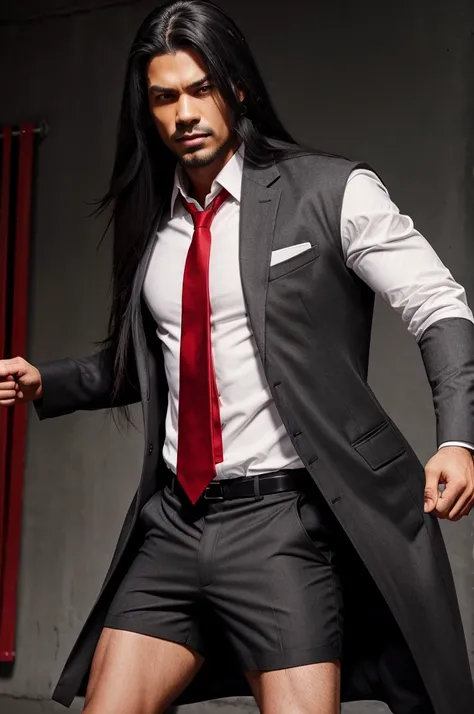 Guy with blackish gray long hair, red long coat, white shirt, black shorts, red tie, Give him a fighting pose.