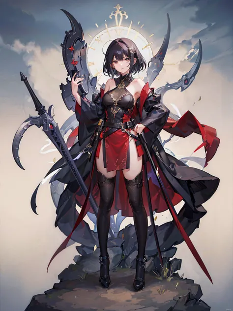 1 Girl，14 years old，tiny body，black hair，Red eyes，Medieval merchant style dress，Adventurer Merchant，mystery，Carrying a huge backpack on his back，Weapons on the waist，whole body，Standing picture，multi-angle，Anime CG，Highest quality，Extremely detailed，Highes...