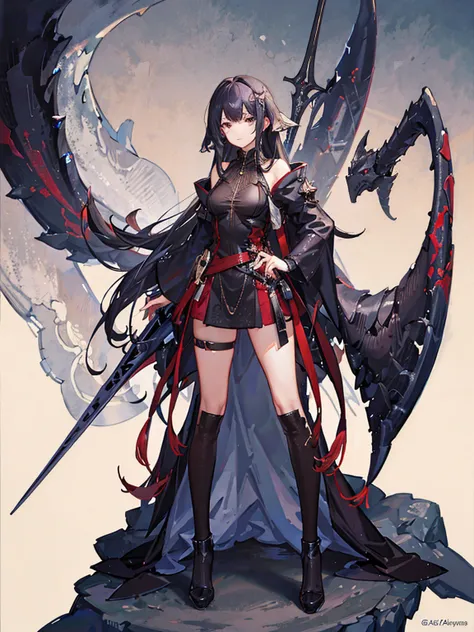 1 Girl，14 years old，tiny body，black hair，Red eyes，Medieval merchant style dress，Adventurer Merchant，mystery，Carrying a huge backpack on his back，Weapons on the waist，whole body，Standing picture，multi-angle，Anime CG，Highest quality，Extremely detailed，Highes...