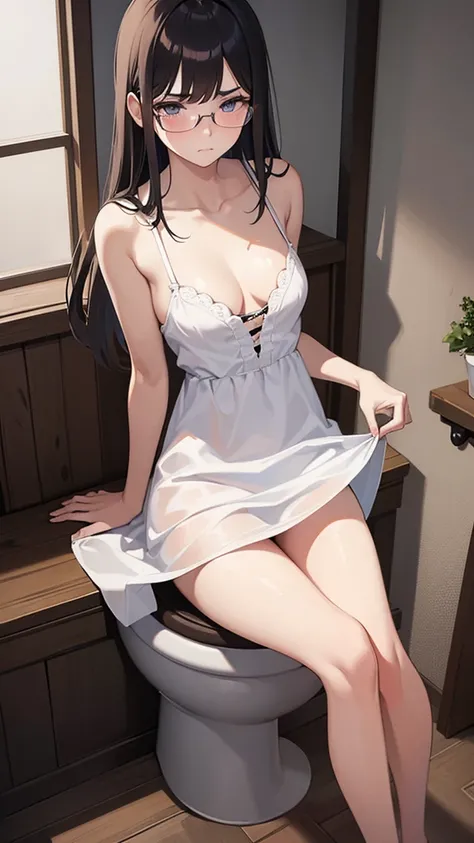 1girl, solo, skinny, (sitting:1.2), (toilet seat:1.1), (glasses:1.1),
embarrassed, frown, from front, thigh shot,
white sundress, sleeveless, no panties, (dress skirt lift:1.2),
(open legs:1.1), pussy, (female pubic hair:0.8), (peeing:0.8), pussy juice
BRE...