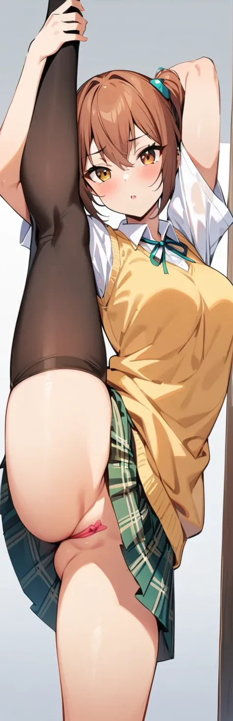 (masterpiece, best quality:1.2), 1girl, solo,standing_split, 
miku hatsune, brown eyes, brown hair, hair ornament,long hair,green plaid skirt, sainan high , , white shirt, yellow sweater vest,sem calcinha, buceta peluda, vagina peludas 

