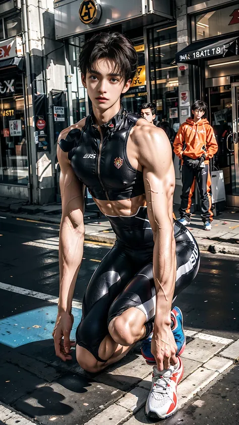 masterpiece,best quality, (A well-built 18-year-old tall boy:1.2), (Kneeling upright on the street:1.2),Orange tight cycling suit,male，(Broad shoulders),Muscular shoulders，（Extremely strong body），Fitness，Inverted triangle figure，Biceps，Highlight muscle tex...