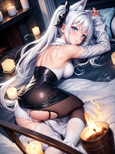 Anime, 1girl, backside view, white hair, blue eyes, glowing eyes, fishnet leggings, white winter sweater, mini-skirt, white underwear, slight smile, blush, cozy house, fireplace, white neck bow, white fox ears, black tight leggings, blue glowing, bedroom, ...