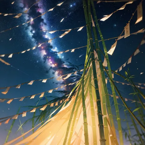 A lively Tanabata night with bamboo branches festooned with colorful decorations and paper wishes. The night sky is alive with a river of stars, the Milky Way stretching across it in a brilliant display. The stars twinkle like diamonds, and the bamboo leav...