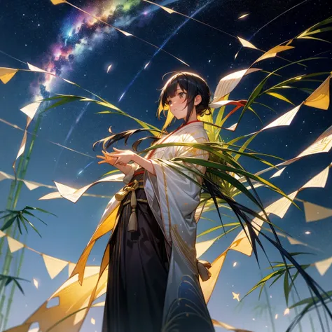 A lively Tanabata night with bamboo branches festooned with colorful decorations and paper wishes. The night sky is alive with a river of stars, the Milky Way stretching across it in a brilliant display. The stars twinkle like diamonds, and the bamboo leav...